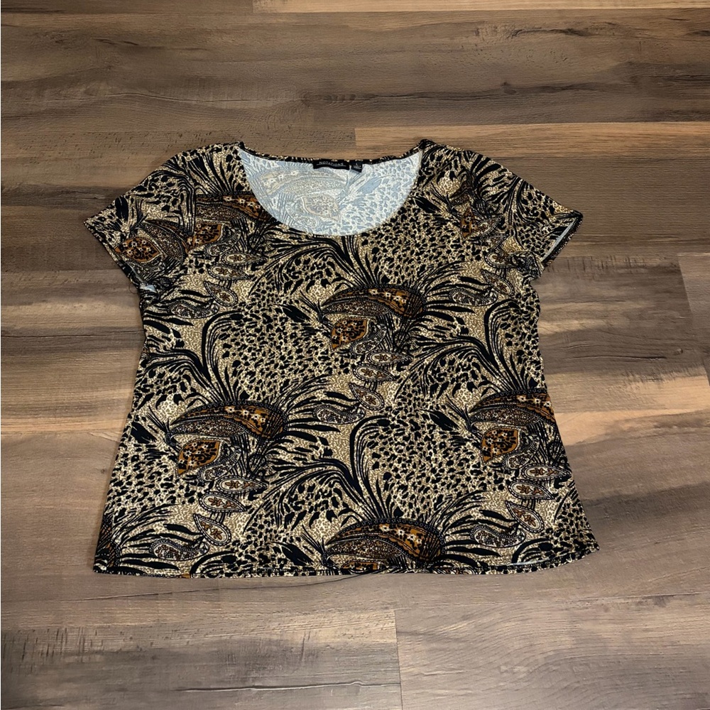 Womens Notations Black and Brown Animal Print Short Sleeve Top Size Large
